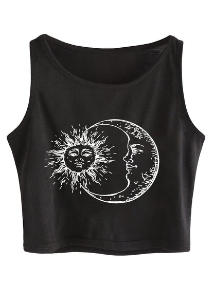 Remidoo Women's Casual Sleeveless Sun and Moon Print Shirt Graphic Crop Top Workout Tank Black Sun Large