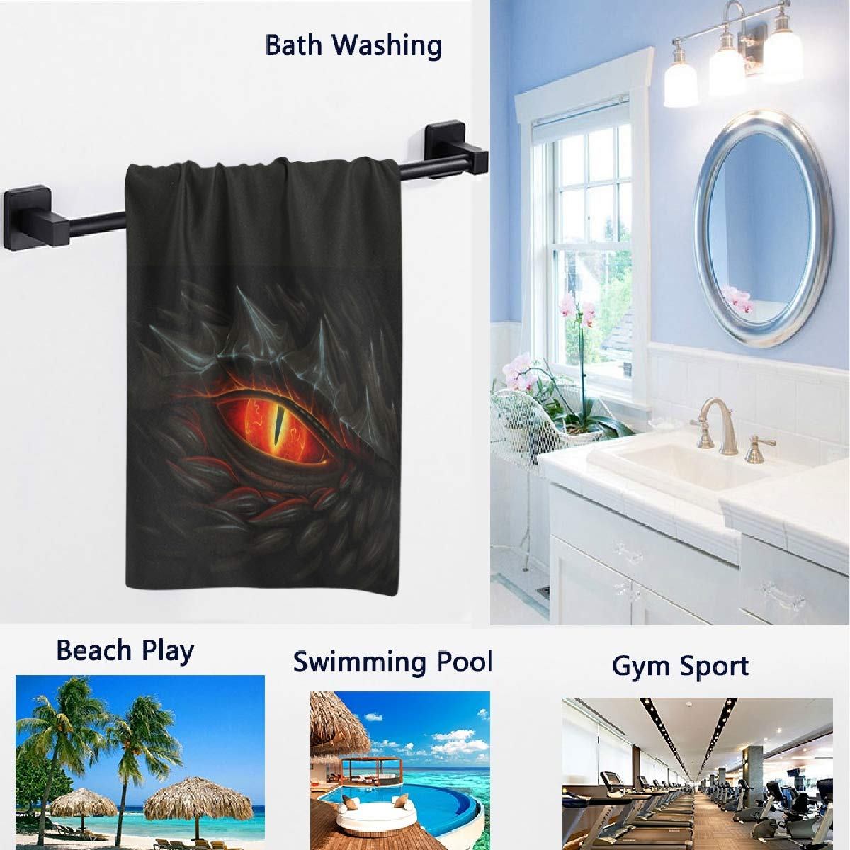 Naanle 3D Cool Glowing Red Eye of Black Dragon Print Soft Absorbent Guest Hand Towels Multipurpose for Bathroom, Hotel, Gym and Spa (16 x 30 Inches,Black)