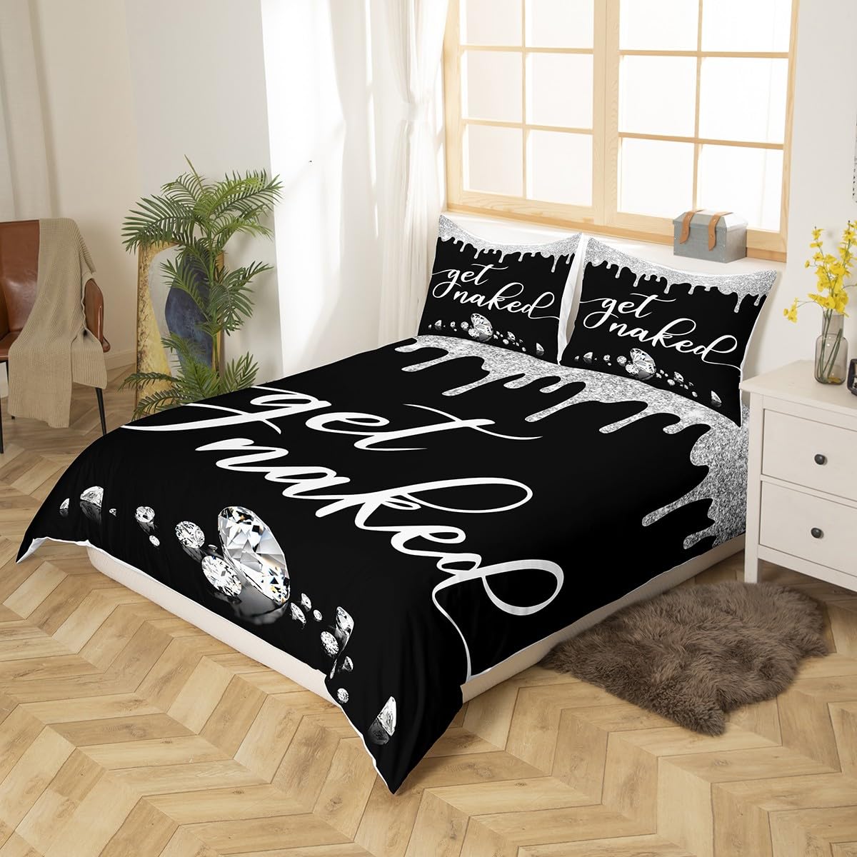 Get Naked Bedding Set King Size Silver Grey Black Glitter Duvet Cover for Kids Boys Girls Bedroom Decor Luxury Shining Diamond Comforter Cover Set Women Men Funny Quotes Modern Bed Set (No Comforter)