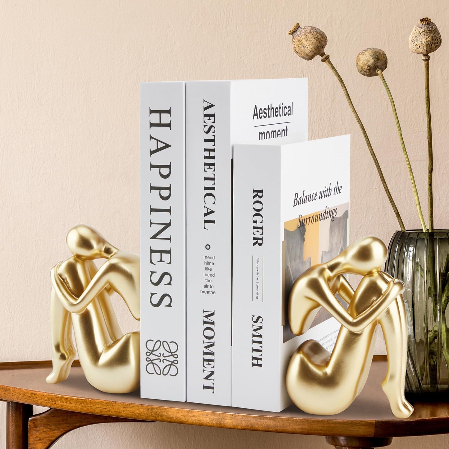 Xmeden Gold Bookends Book Ends, Unique Decorative Girl Thinker Design,Non-Slip Home Office Bookshelf Decor, Modern Book Holder for Shelves, Heavy Duty Resin Book Stopper for Books,1Pair/2Piece