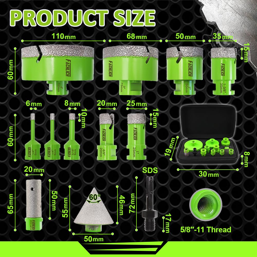 Mini 3 inch Diamond Blades - FACHLICH Cutting Disc and FACHLICH Tile Hole Saw Kit - 12pcs Diamond Core Drill Bits Set 1/4" 5/16" 4/5" 1" 1-3/8" 2" 3" 4" with 4/5" Finger Bit 2" Beveling Chamfer Bit
