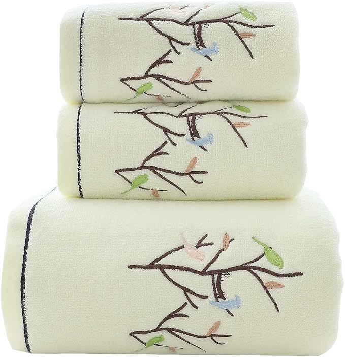 Pidada Bath Hand Towel Set of 3 Embroidered Bird Tree Pattern 100% Cotton Soft
