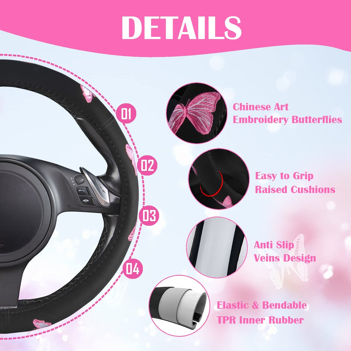 CAR PASS Universal Cloth Butterfly Car Seat Covers Full Set, Embroidered Flower Waterproof Car Floor Mats Carpet, Butterflies Steering Wheel Cover for Car Accessories Interior Sets (Black and Pink)