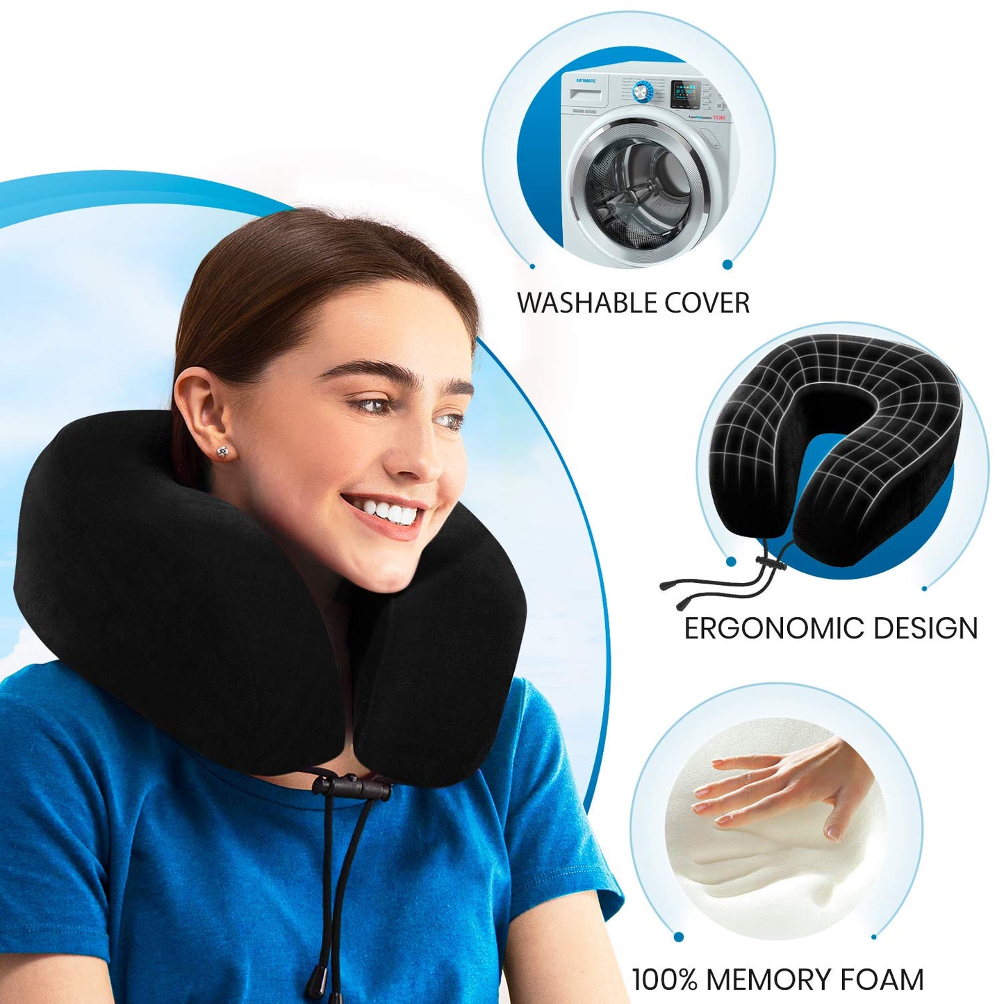Everlasting Comfort Memory Foam Travel Pillow - Airplane Neck Pillow for Travel with Earplugs, Eye Mask & Carry Bag - Neck Support Cushion for Plane, Car & Train - Black