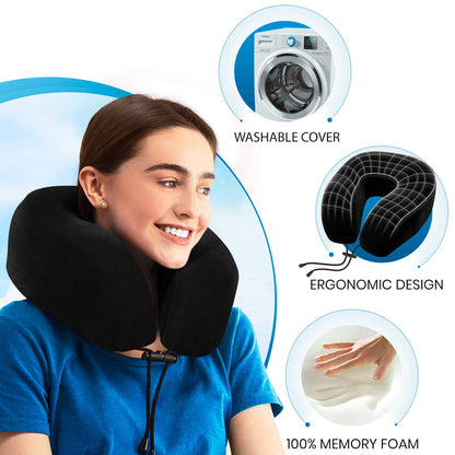 Everlasting Comfort Memory Foam Travel Pillow - Airplane Neck Pillow for Travel with Earplugs, Eye Mask & Carry Bag - Neck Support Cushion for Plane, Car & Train - Black