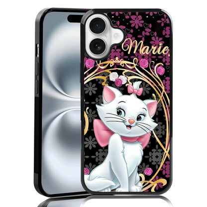 MMYAJT Graceful Marie Cat Phone Case Compatible with iPhone 16 Plus — Golden Lace iPhone Case Shockproof Fuchsia Pink Roses Phone Cover Gift for Boy Girl Men Women