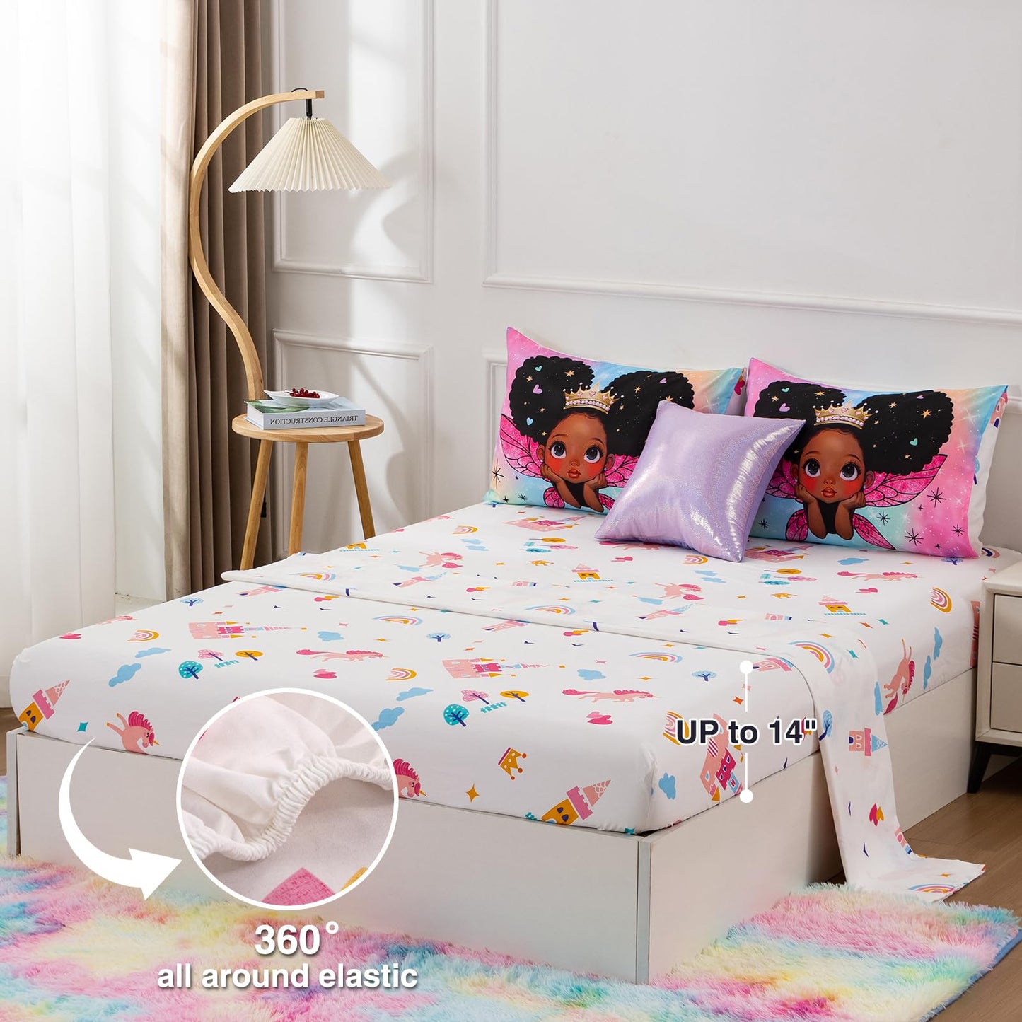 A Nice Night Black Girl Princess with Wings Comforter Set,Pink Gradient Glitter Rainbow Galaxy 6pcs Kids Twin Size Bedding Set,Room Decor for Girls