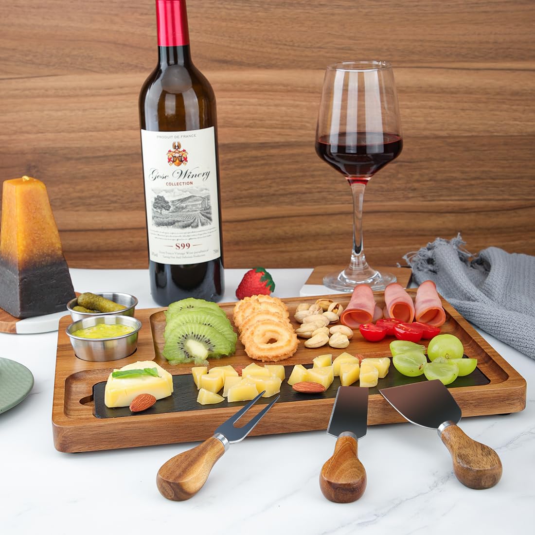 LiWiBet Wooden Slate Serving Board Charcuterie Boards with 2 Bowls, Acacia Wood Cutting Board Cheese Board Serving Plate Tray Platter for Bridal Shower Gifts Wedding Gifts Housewarming