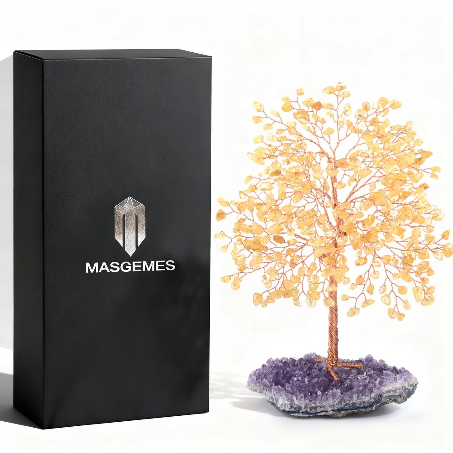MASGEMES Gemstone Crystal Tree of Life,Natural Citrine(406 Stones Count) with Amethyst Cluster Base,Chakra Healing Crystals Positive Energy Fengshui Bonsai Money Tree Gift 8.5"-9"