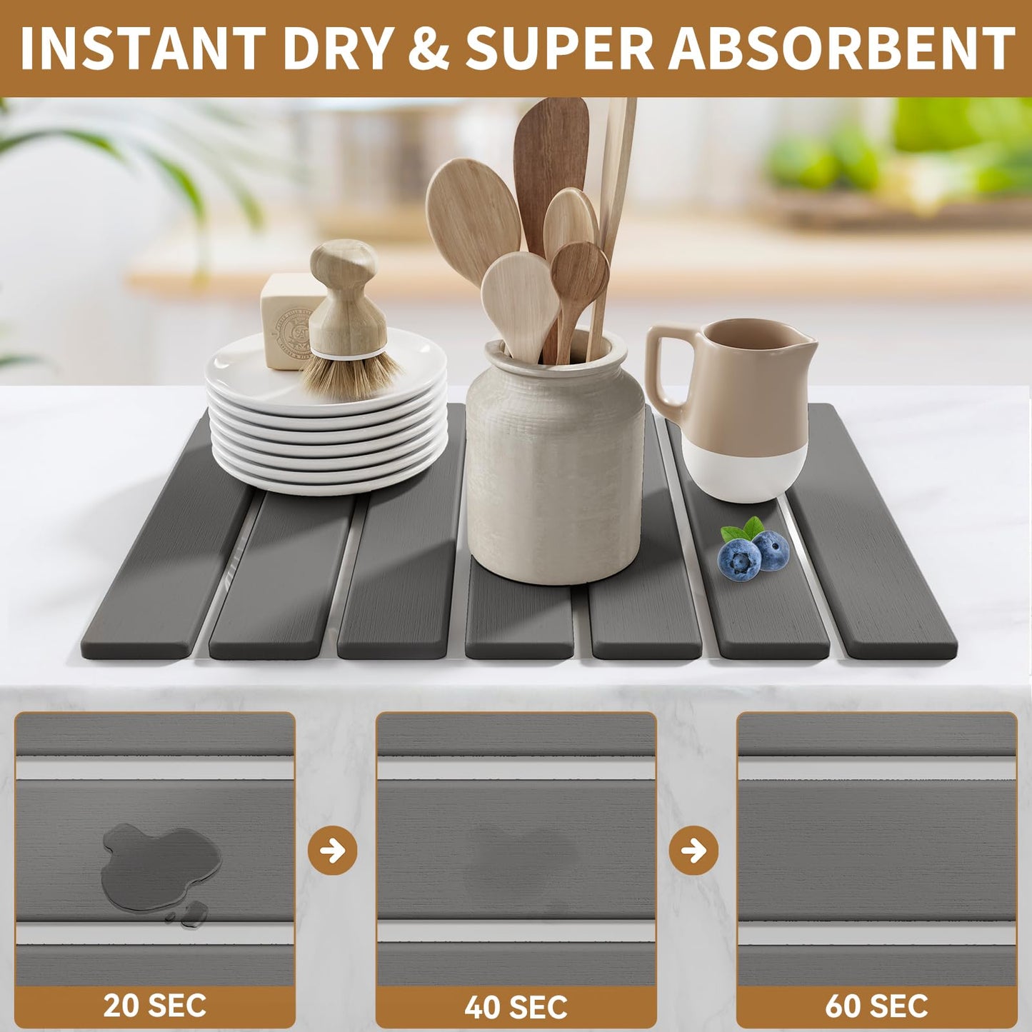 Stone Dish Drying Mat for Kitchen Counter,15.5''x11.8'' Foldable Quick Dry Stone Kitchen Mat,Eco-Friendly,Absorbent Diatomaceous Earth Mats for Dishes Bottles Cups Bathroom Any Countertop-Dark Gray
