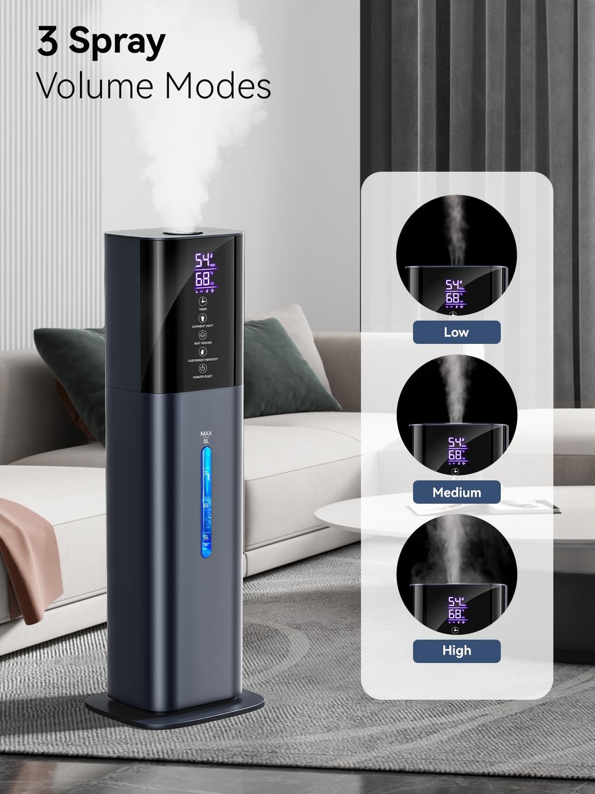 Humidifiers for Bedroom, 2.11Gal 8L Quiet Humidifiers for Large Room with Timer, 360°Nozzle, 3 Speed Ultrasonic Cool Mist Humidifier with Humidistat for Baby Home Adults Plants