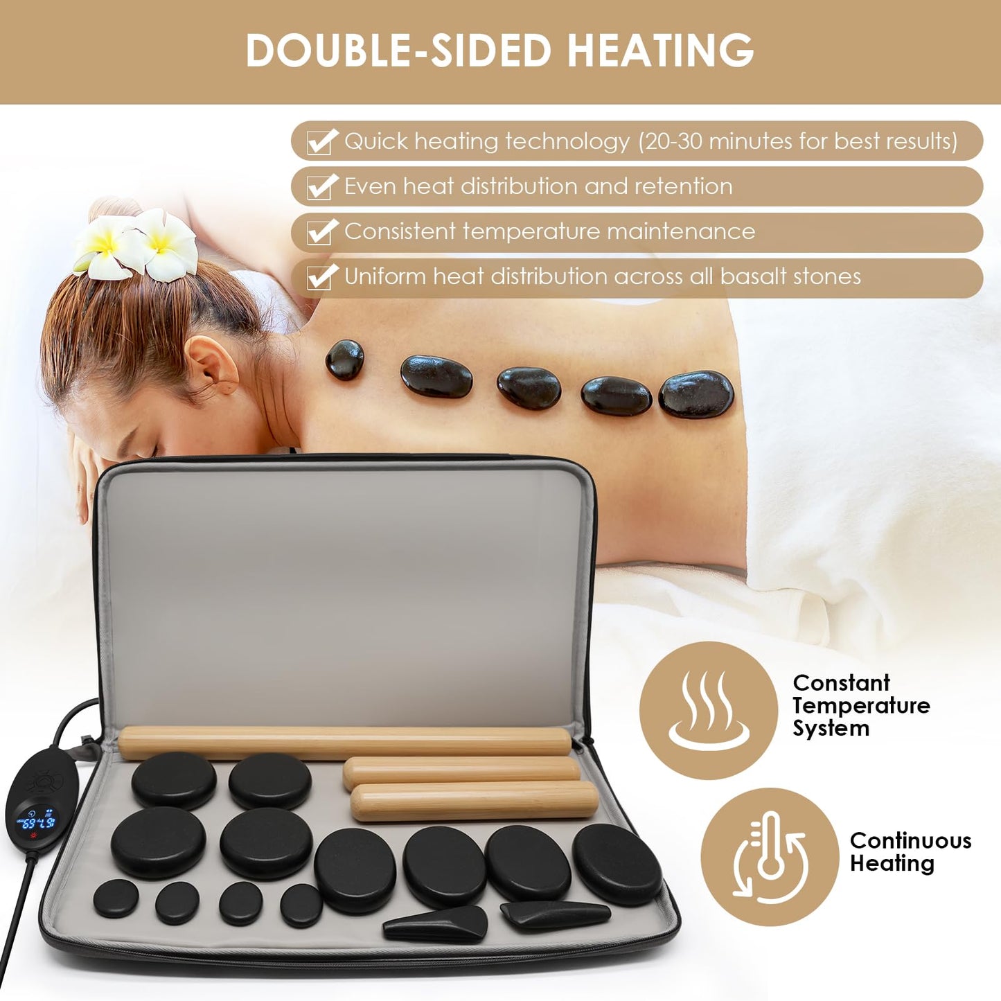 Freudeere 17 Pieces Massage Stones Set with Warmer Kit Hot Rocks Bamboo for Massage,Hot Stones Massage Warmer Kit with Temperature Control and Carry Bag (14 Stones and 3 Sticks)