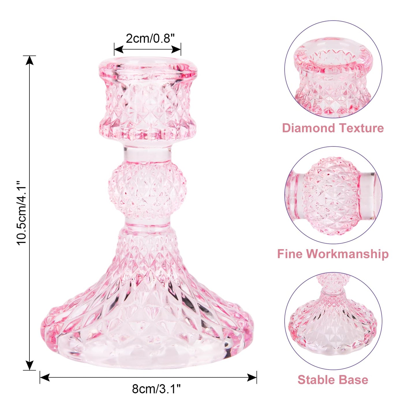 Glass Candle Holder, 2PCS Decorative Candle Sticks Pillar Candle Stand for Formal Events Wedding Party Table Centerpieces Home Decoration, Pink