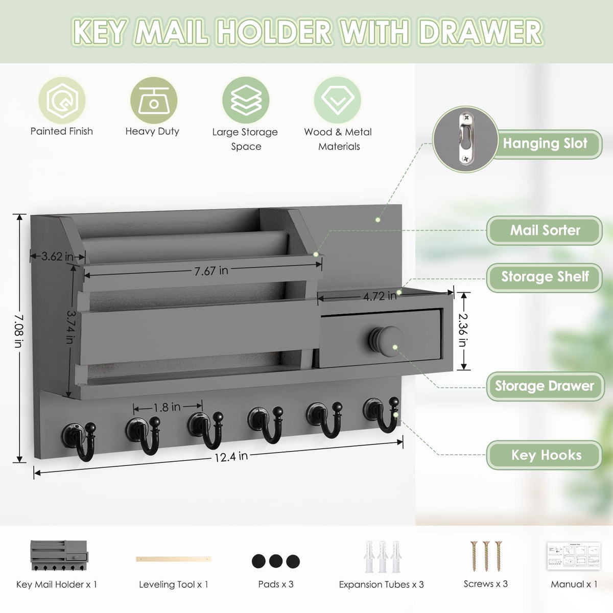 VIS'V Key Holder Wall Mount, Wooden Mail and Key Organizer with Drawer and Shelf, 2 Slots, 6 Hooks, Grey