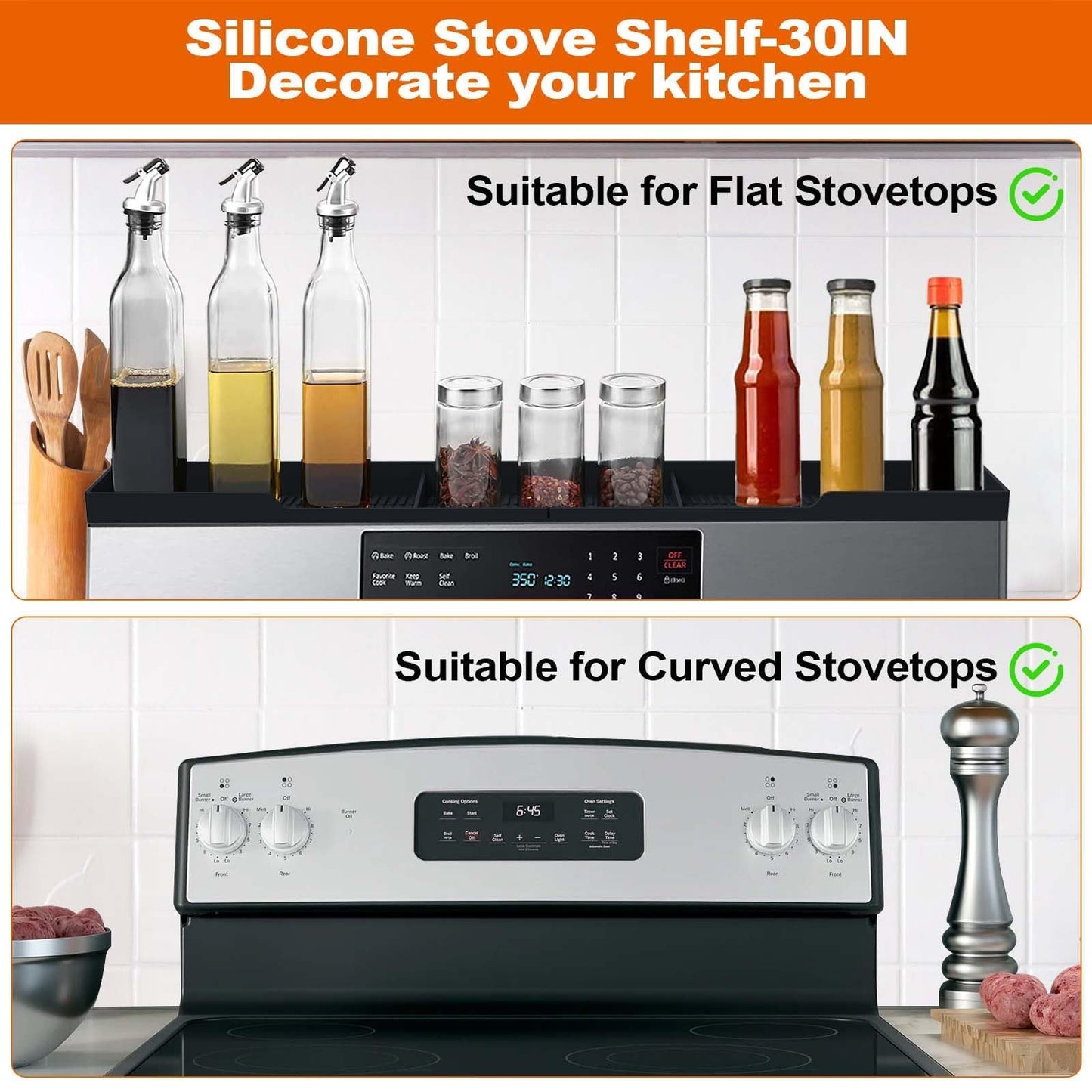 AWOKE Stove Top Shelf 30 Inch - Silicone Material Magnetic Shelf for Stove - 3 Functional Partitions Kitchen Spice Rack Organizer-Black,Kitchen Gadgets Storage Organization