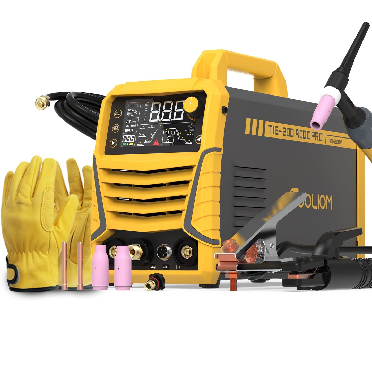 TOOLIOM 200A AC/DC TIG Welder with Pulse, Dual Voltage 110V/220V, Aluminum Welder with IGBT Inverter, Large LED Display, AC TIG/DC TIG/Pulse TIG/SPOT TIG/Stick Multiprocess Welding Machine