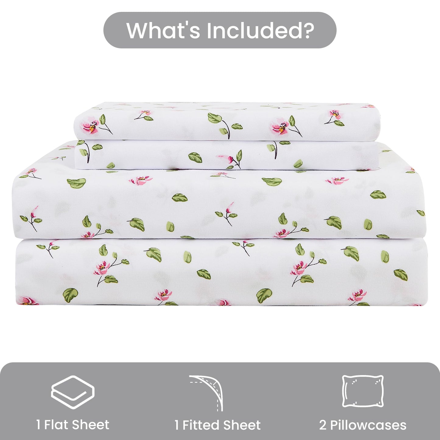 Mooreeke Queen Sheets Set - 4 Pieces Soft Breathable Microfiber Bed Sheet Set - Pink Flower Green Leaf Pattern Sheet Set - Deep Pocket Non-Slip Floral Printed Fitted Sheet Included for All Season