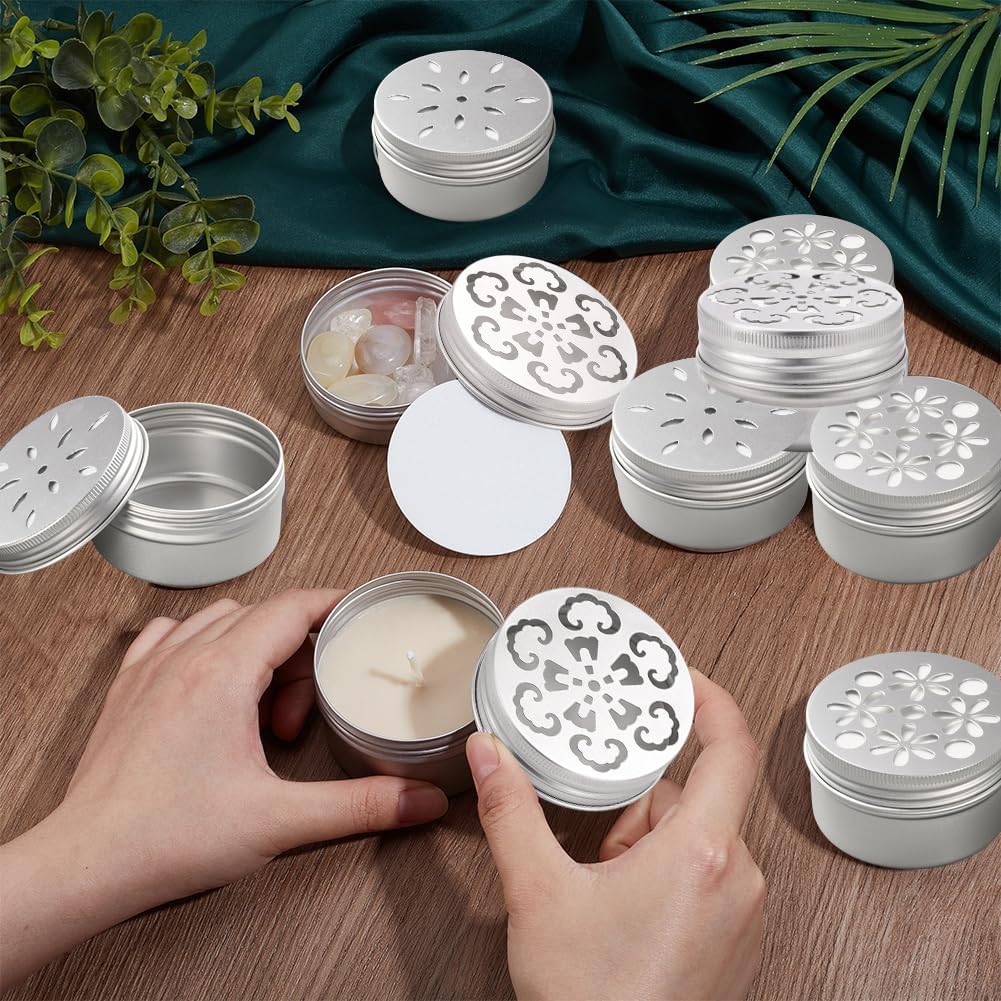 PH PandaHall 12pcs Air Freshener Tins 3 Style Scent Beads Container 2 Ounce Aluminium Metal Container Empty Storage Tins with Hollow Lids for Aromatherapy Air Freshener Travel Storage 2.68x1.36 inch