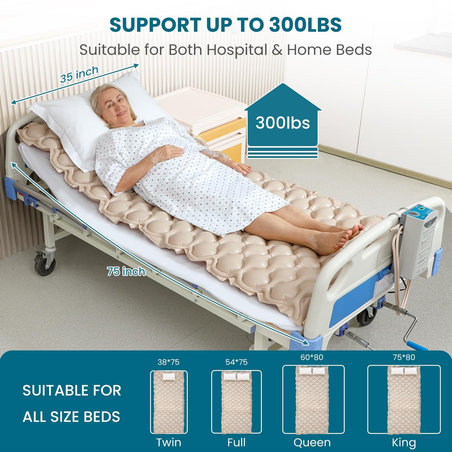 Kekoy Alternating Air Pressure Mattress Pad, Bed Sore Prevention, Hospital Topper for Bedridden Patients, 130 Air Cells, Adjustable Whisper Quiet Pump, Waterproof Cover, Inflated 75"x35" – Beige