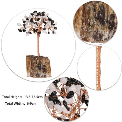 SUNYIK Handmade Crystal Money Tree Set on Amber Calcite Base, Tree of Life Wrapped Tumble Stones Decoration for Home Office, White Jade