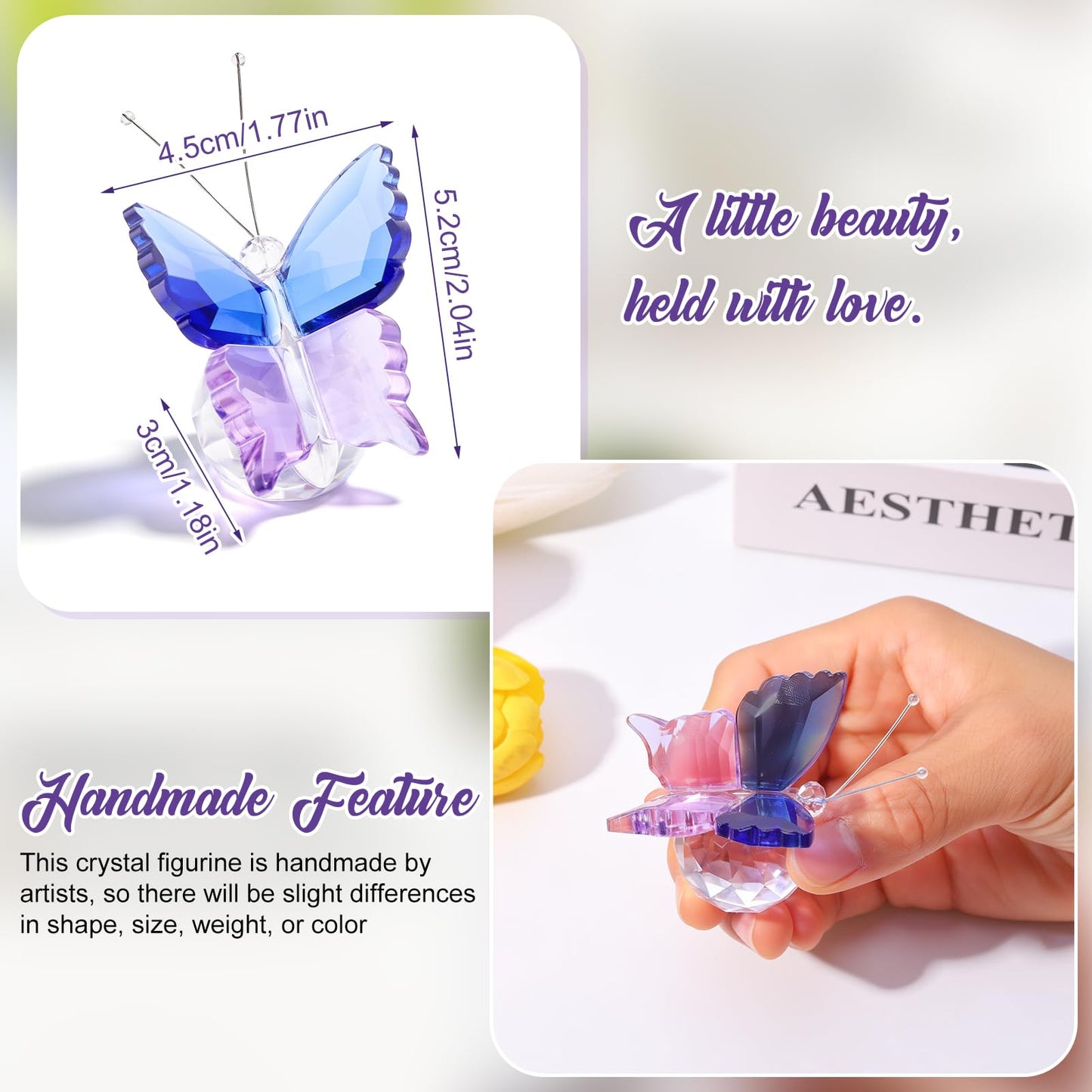 Crystal Butterfly Figurine, "You're Beautiful" Encouragement Gift with Card & Gift Box, Thinking of You Present for Mom Sister, Sympathy Get Well Soon Gift for Women, Blue-Purple Butterfly Decor