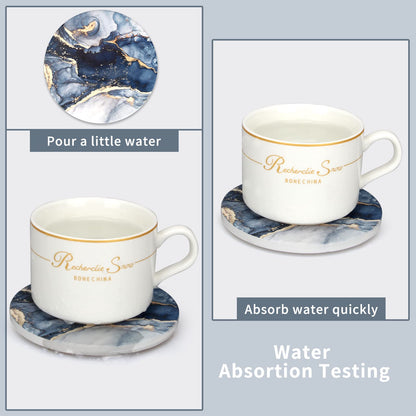 6 Pcs Navy Blue Marble Abstract Ceramic Coasters with Holder Best Absorbent Drink Coasters Round Ceramic Table Coasters Set Decorative Coffee Cup Beverage Coasters Wine Beer Bar Coasters