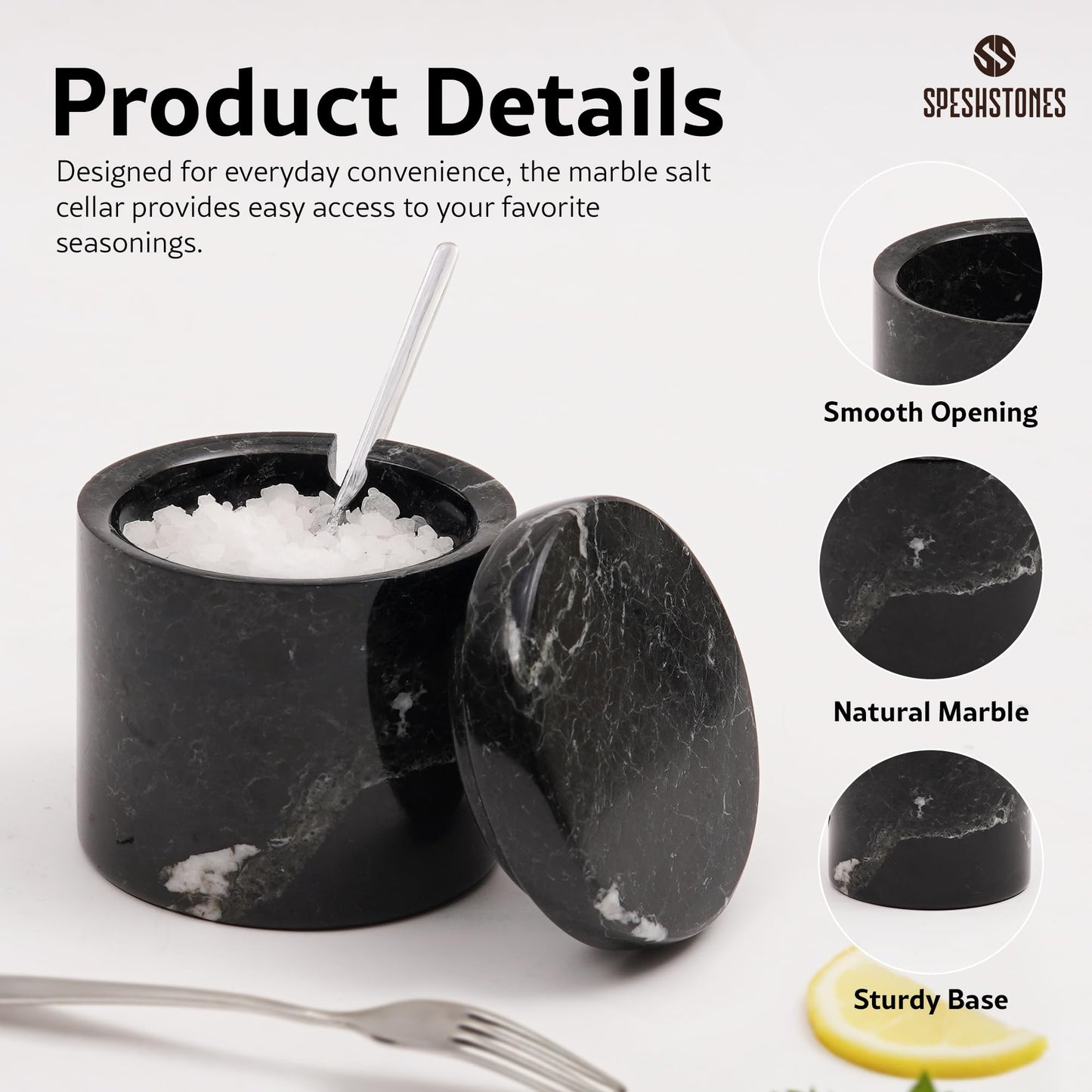 SPESHSTONES Marble Salt Cellar with Lid and Spoon 3 Inch Handmade Black Small Seasoning Containers - Decorative Spice Jars, Sugar Bowl & Flaky Salt Dish for Kitchen Countertop Storage