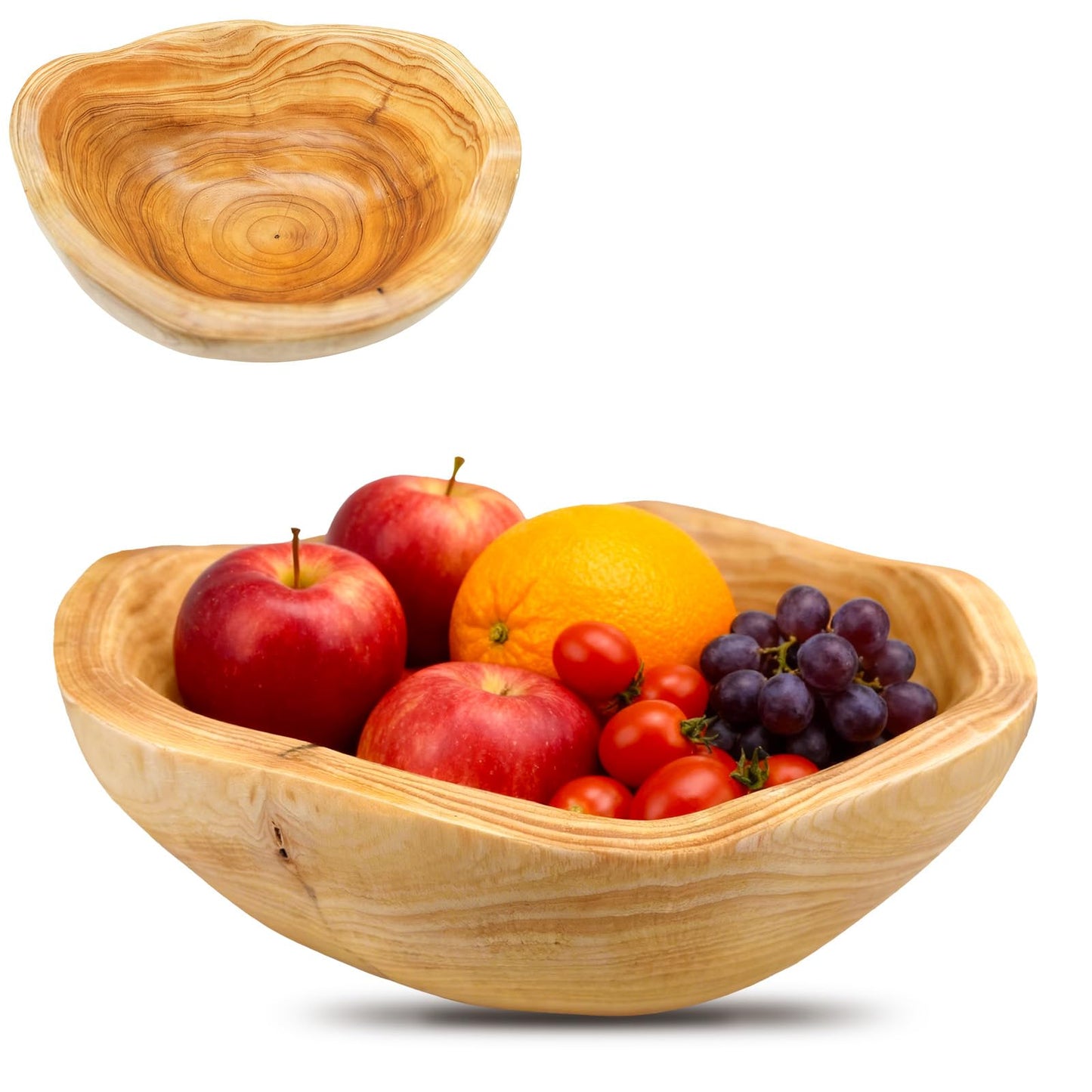 Fakindiy Handmade Wood Kitchen Fruit Bowl 10-12in - Irregular Wooden Decorative Bowl for Kitchen Counter, Wooden Serving Bowl for Salads Snacks Keys and Home Decor