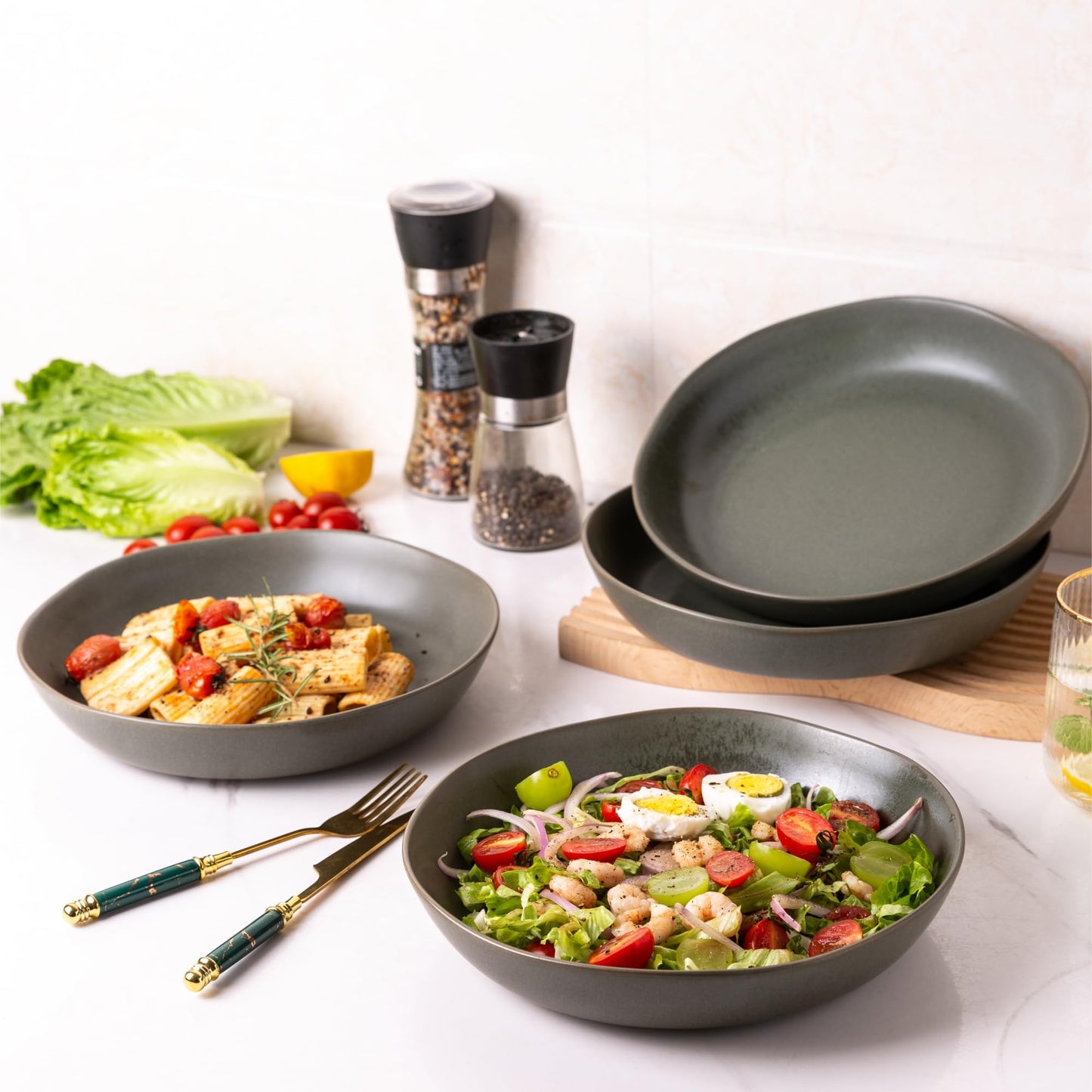 AmorArc 9.75'' Ceramic Large Pasta Bowls, 38oz Stoneware Flat Serving Bowls Set of 4, Oven,Microwave&Dishwasher Safe Bowls with Wavy Rim for Fruit Pasta Salad Meal, Reavtive-Matte