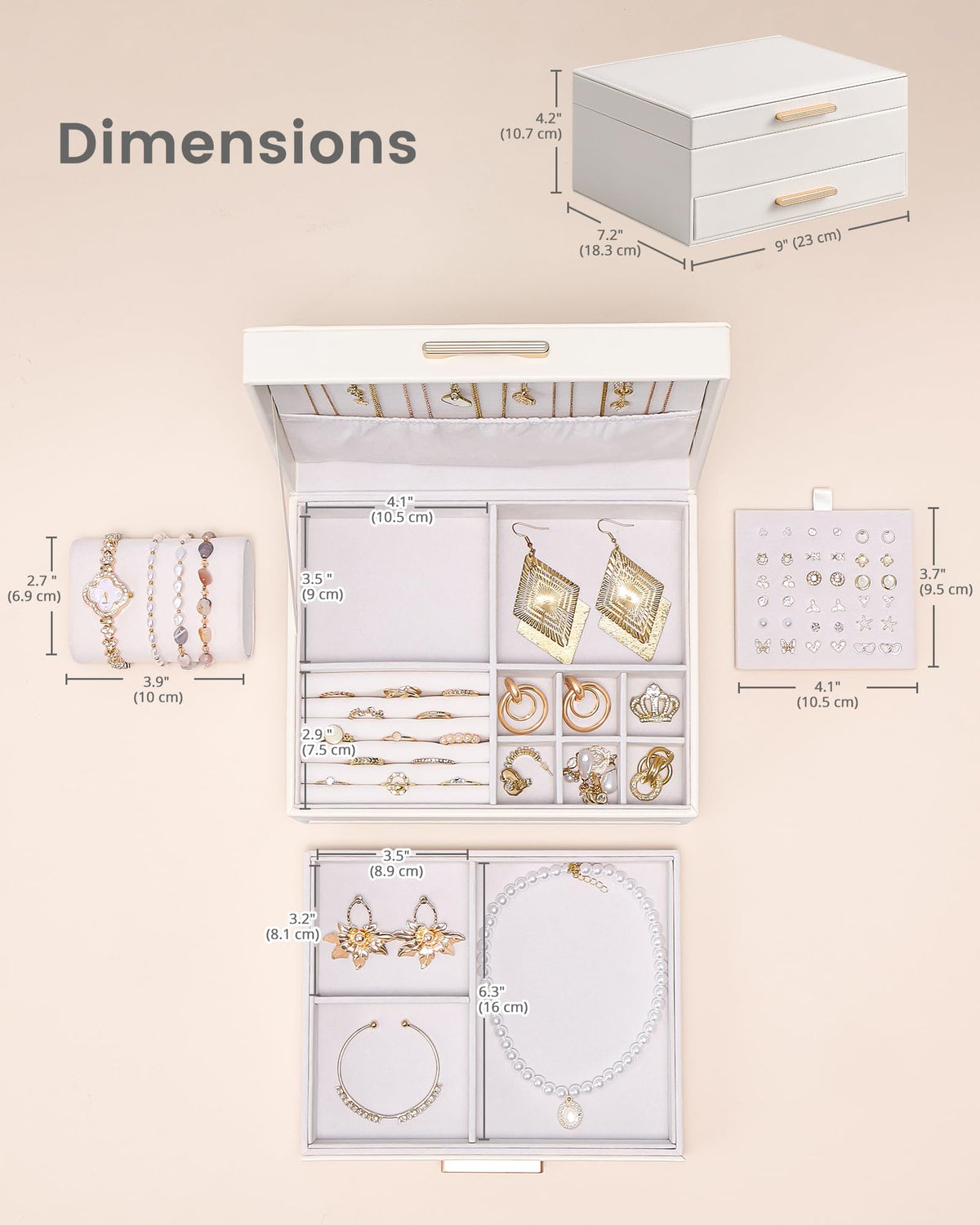 Lolalet 2-Layer Jewelry Box Organizer for Women Girls, Jewelry Storage Case Holder with Drawers for Necklaces Ring Earrings Bracelet Watch, Gifts for Galentines Valentines Girlfriend Wife -Beige