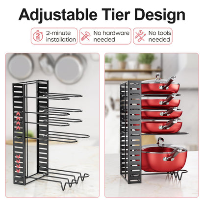 MUDEELA 8-Tier Pots and Pans Organizer under Cabinet, 16.61" Height Light Duty Pot and Pan Organizer Kitchen Cabinet Organization and Storage, Adjustable Pot Rack with 3 DIY Methods for Lids, Bakeware