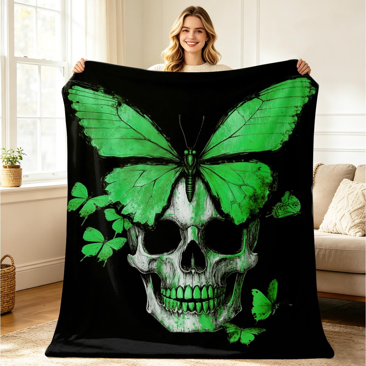 HUNXIAOJ Skull Butterfly Blanket Gifts Green Gothic Decor Butterfly Skeleton Throw Blanket Soft Flannel Skull Bedding for Couch Bed Living Room Home Halloween Decor 49"x59"