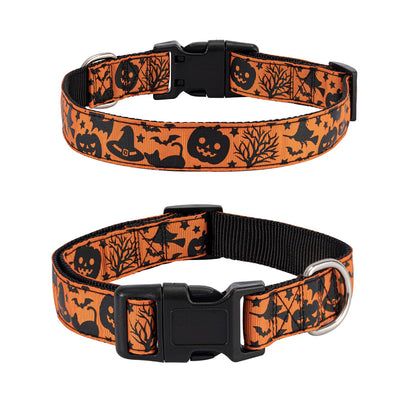 TDTOK Halloween Dog Collar, Soft Comfy Halloween Themed Pet Collar with Spooky Ghost Skull Bat Cat Witch Tree Hat Pumpkin Pattern for Small Medium Large Dogs (1 PCS)