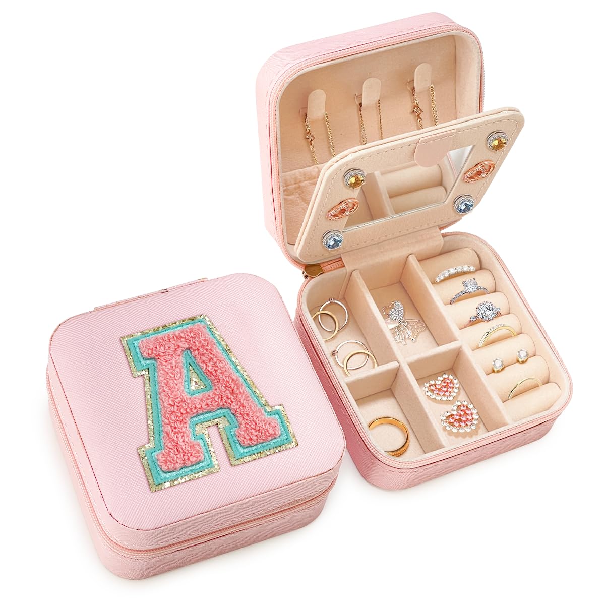 SANDJEST Personalized Jewelry Box, Pink Travel Jewelry Box with Initial A, Small Monogrammed Jewelry Case Organizer for Girls Women Teen Kids, Mini Travel Essentials Gifts for Birthday Christmas