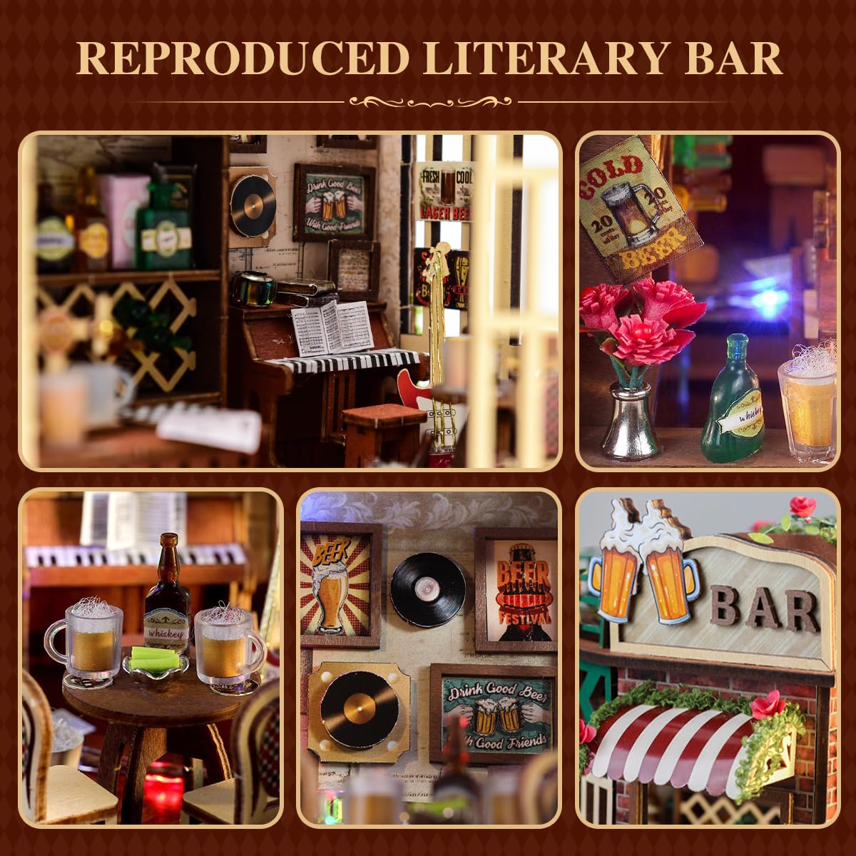 DIY Wooden Miniature House & Book Nook Kits, Bistro Modern Styles Doll House with LED Lights, Furniture, Beginner-Friendly for Adults & Teens, for Lovers, Buddies, Family & Book Lovers