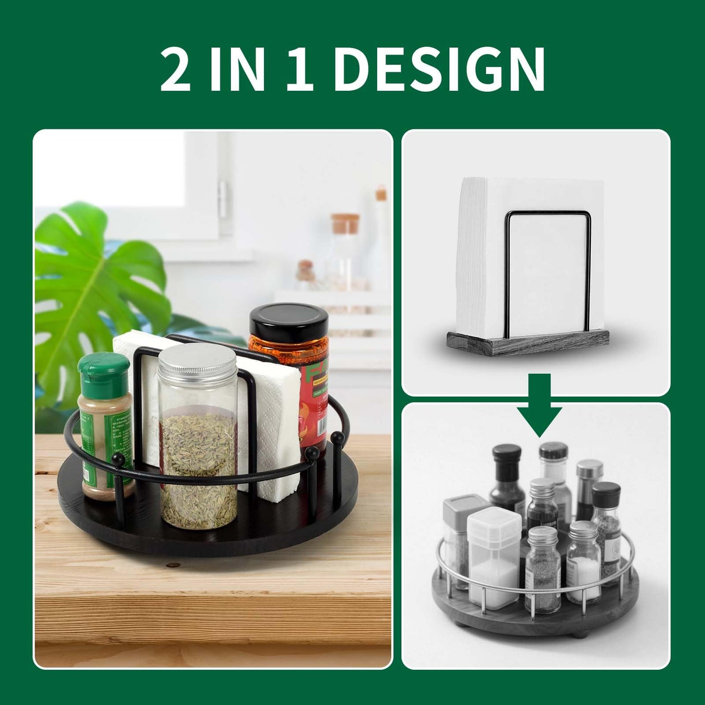 OCMML Napkin Holder for Table,360° Rotating Lazy Susan Turntable Organizer for Cabinet,9 inches Kitchen Table Decor&Counter Tray Can Hold Salt and Pepper Shakers (Dark Brown)