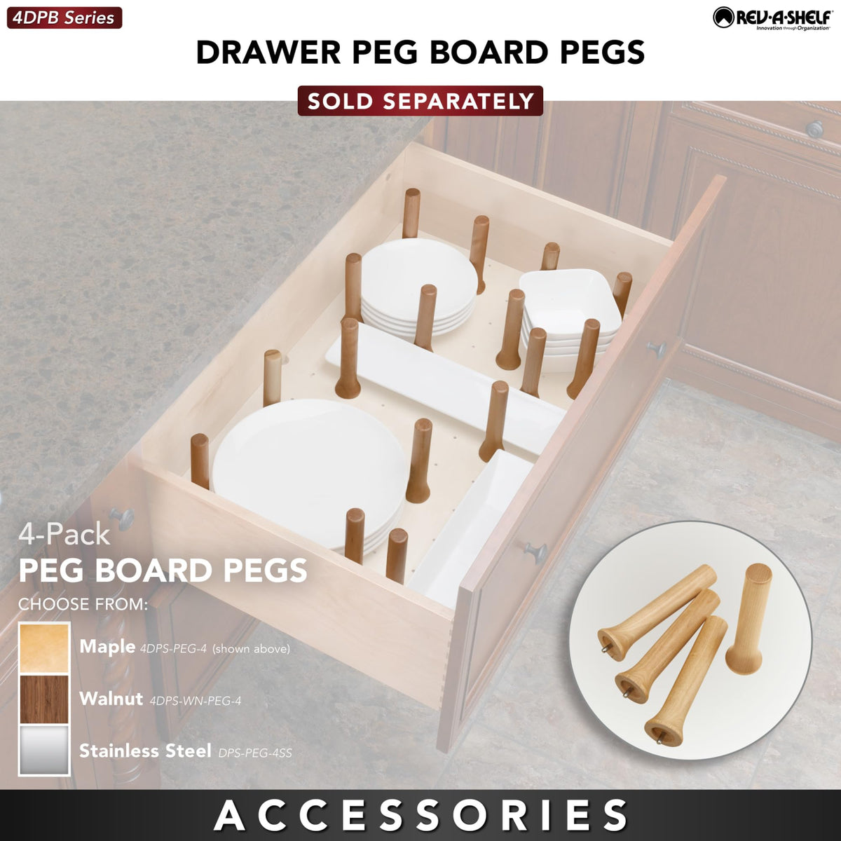 Rev-A-Shelf Trimmable Pegboard Drawer Divider Organizer, Trim to Custom Fit Wooden Kitchen Cabinet Storage Utensil, Pots & Dish Rack, 30" x 21", 4DPS-3021