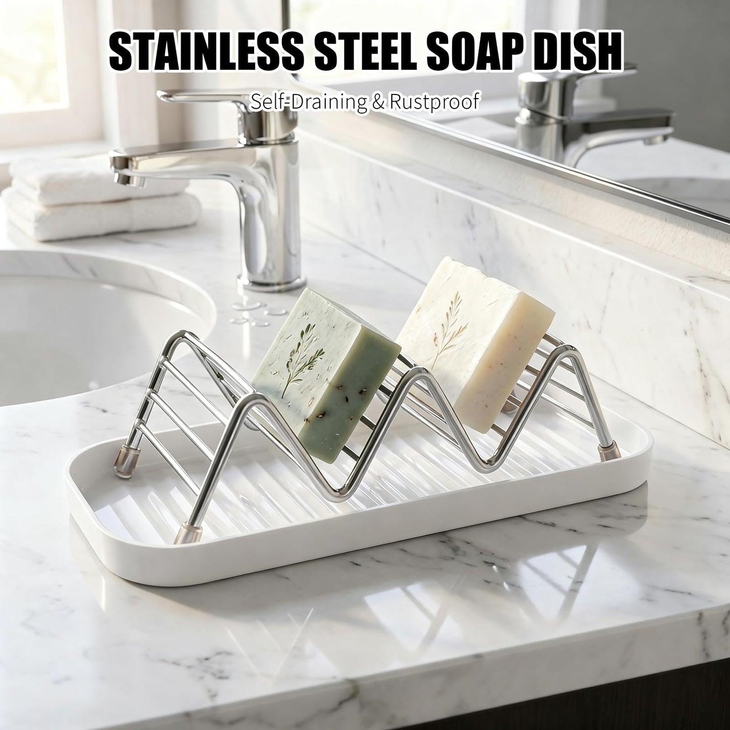 Soap Dish Holder Stainless Steel Self Draining with Tray, Shampoo Bar Holder for Shower, Rustproof Bathroom Soap Dish Organizer for Shampoo Bars, Conditioner Bars, Kitchen Sink Countertop