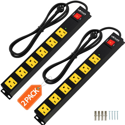 Power Strip 2700J Surge Protector, 6 Outlet Heavy Duty Power Strips with Flat Plug and 6FT Long Cord, Wall Mountable Metal Outlet Strip for Desk, Garage, Workbench and Kitchen