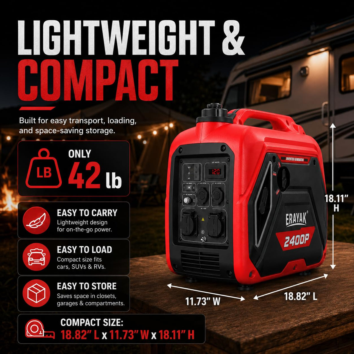 ERAYAK 2400W Portable Inverter Generator for Home Use, Super Quiet Small Generator for Camping Outdoor Emergency Power Backup, Gas Powered Engine, EPA, ECO Mode