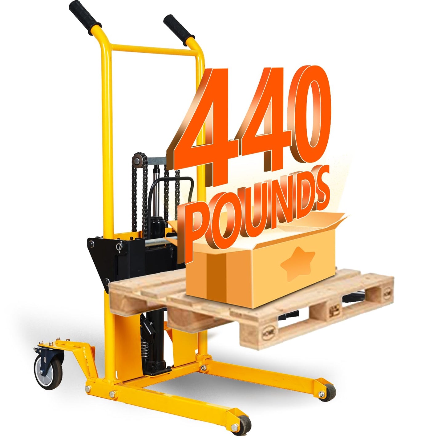 Foldable Hydraulic Material Lift Dolly, Pallet Stacker, 440lbs Capacity, Removable Steel Platform & Fork Arms, with Steer Caster, Winch Stacker (440 lb. Universal Wheel)