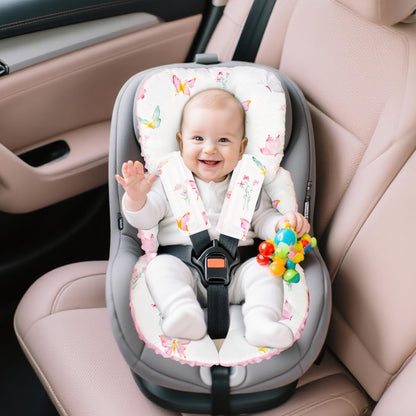 Infant Car Seat Insert for Newborn Girls Boys, Reversible Baby Carseat Head Support with Strap Pads, Soft Baby Car Seat Insert Cushion Pad for Stroller, Bouncer, Swing, High Chair, Pink Butterfly