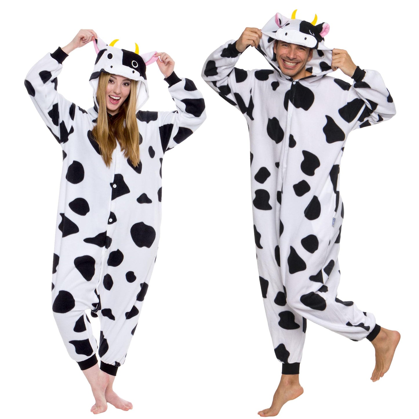 Funziez! Adult Onesie Halloween Costume - Animal Dinosaur Shark - Unisex Plush One Piece Cosplay Suit for Adults, Men and Women (Medium, Cow)
