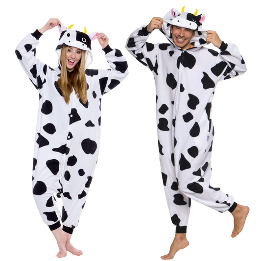 Funziez! Adult Onesie Halloween Costume - Animal Dinosaur Shark - Unisex Plush One Piece Cosplay Suit for Adults, Men and Women (Medium, Cow)