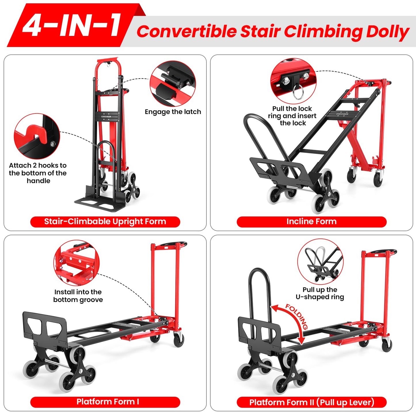 Heavy Duty Stair Climbing Hand Truck - 1000 LBS Capacity 4-in-1 Convertible Dolly Cart, Foldable Platform Utility Cart for Moving Boxes, Industrial Grade Steel Construction(red)
