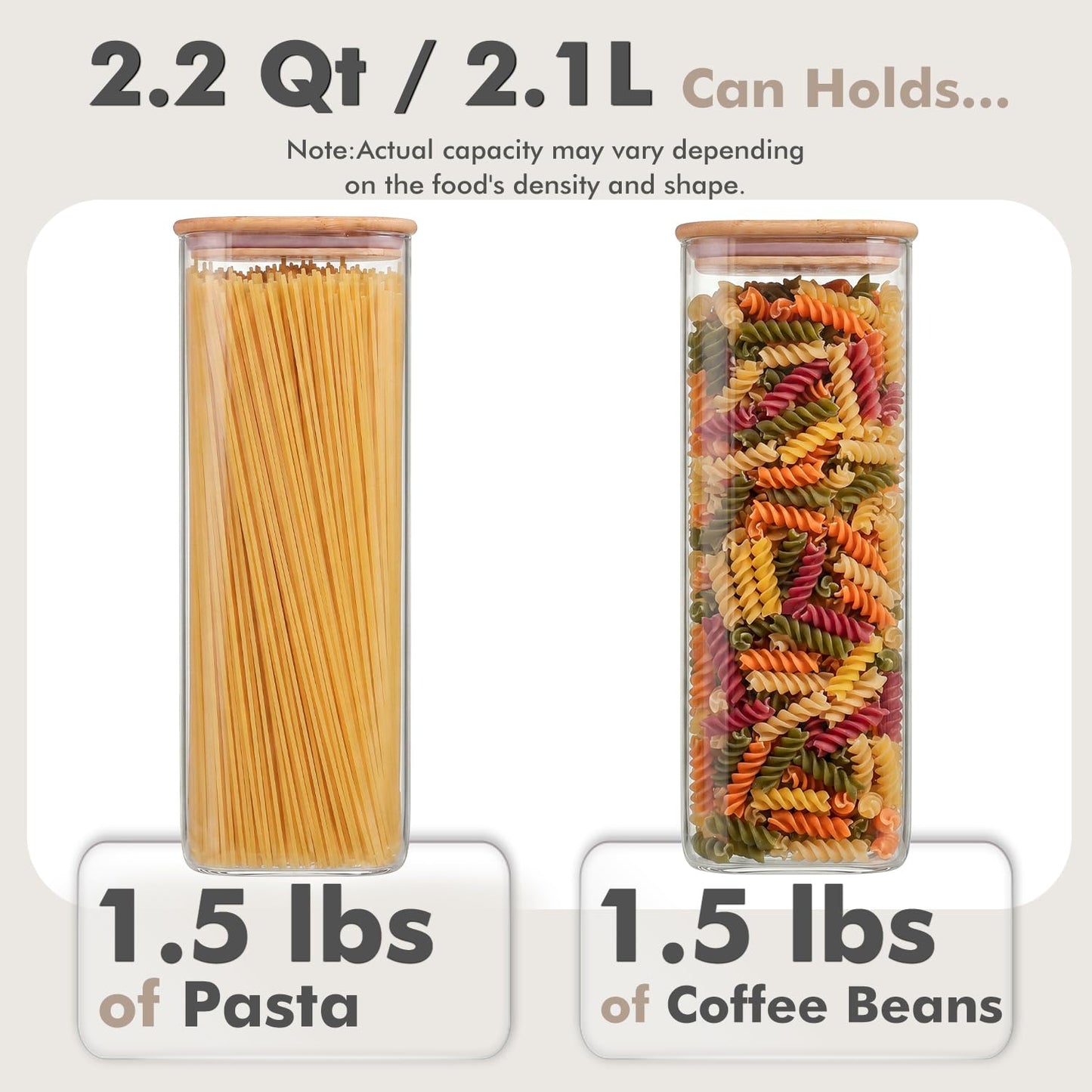 Xoniwis 3-Pack 2.2Qt Rectangle Glass Spaghetti Jars with Bamboo Lids