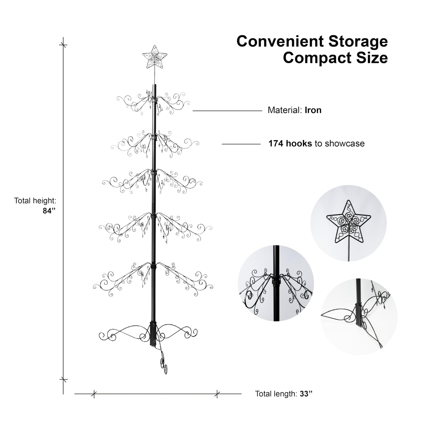 HOHIYA 6.5 Ft Wrought Iron Christmas Tree Alternative 174 Hooks Metal Ornament Display Stand Large Heavy Duty Holiday Decoration Holder for Christmas Halloween Wedding Home Decor Black