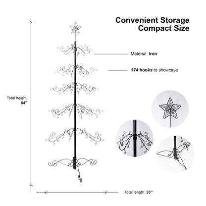 HOHIYA 6.5 Ft Wrought Iron Christmas Tree Alternative 174 Hooks Metal Ornament Display Stand Large Heavy Duty Holiday Decoration Holder for Christmas Halloween Wedding Home Decor Black