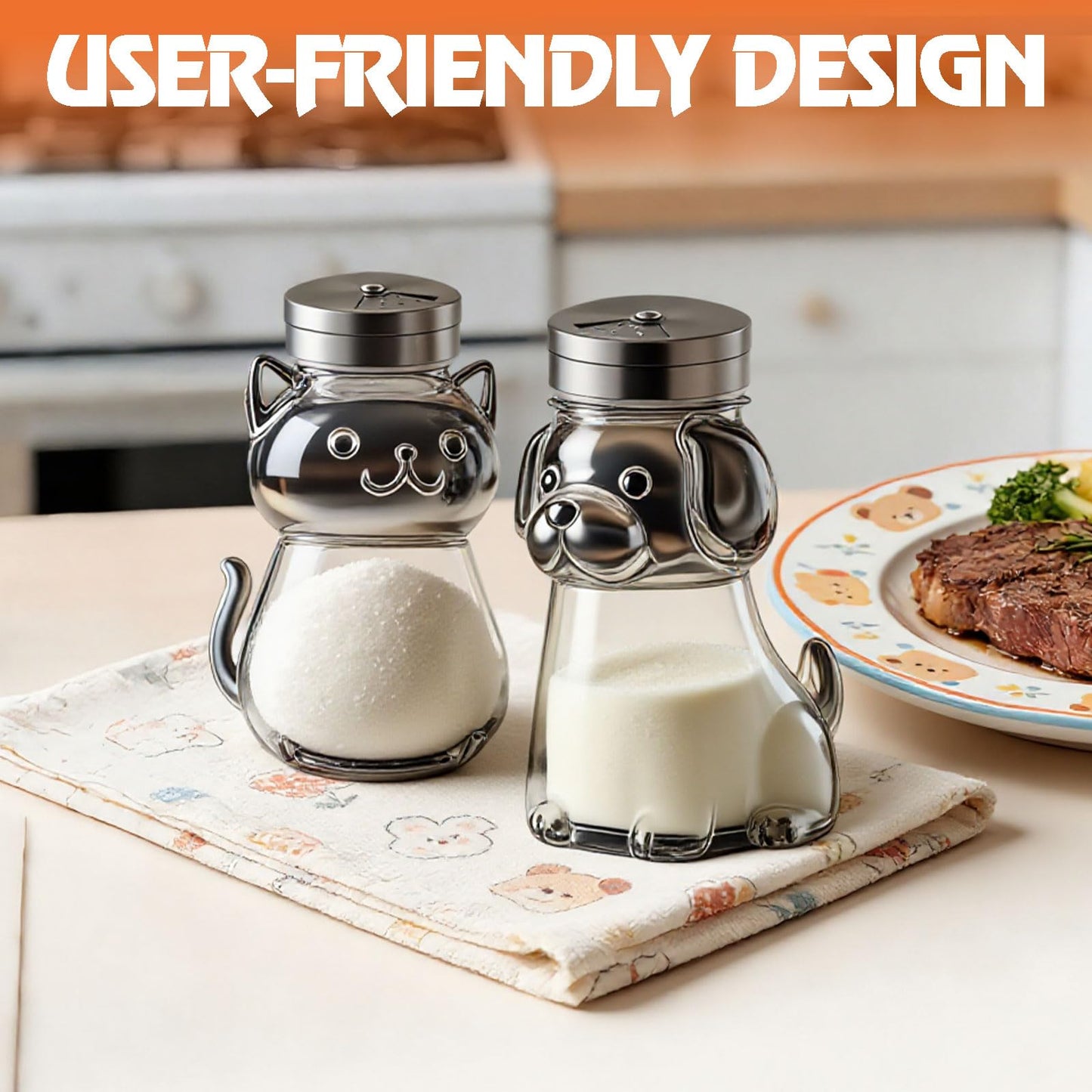 Funny Salt and Pepper Glass Bottle, Cute Salt Pepper Containers with Glass Bottle Stainless Steel Lids for Kitchen Cooking, Bbq, Bar, Table, Rv, Camp 2 Pcs (cats)