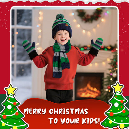 Boys Winter Hat Scarf and Gloves Set for Kids Warm Knitted Hat Mittens and Fleece Neck Warmer Scarf Set for Boys Girls 3pcs